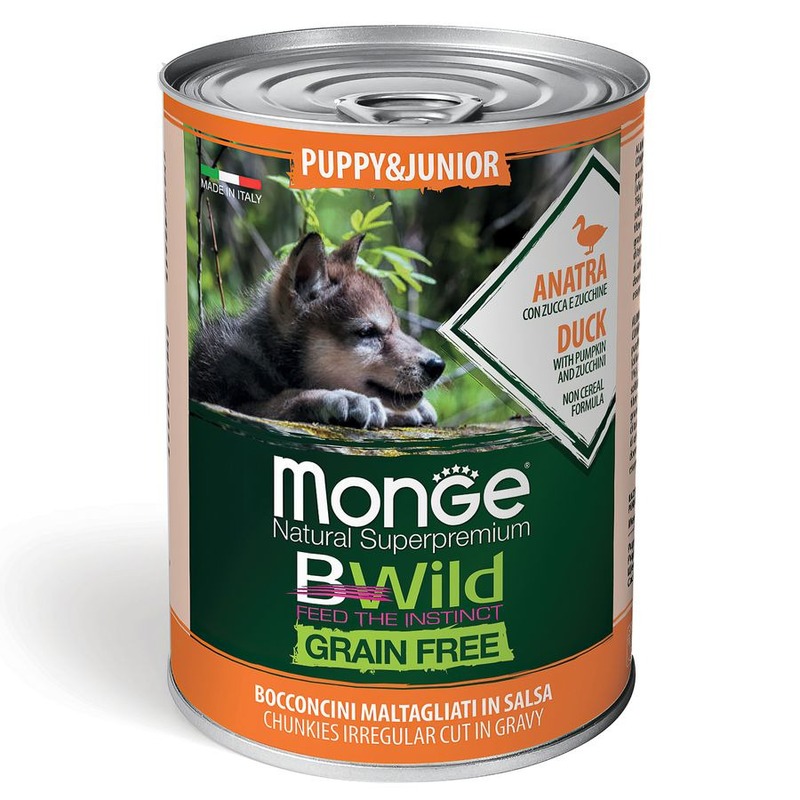 Monge Dog BWild Grain Free Puppy & Junior полнорационный влажный корм для щенков, беззерновой, с уткой, тыквой и кабачками, кусочки в соусе, в консервах - 400 г (24 шт)