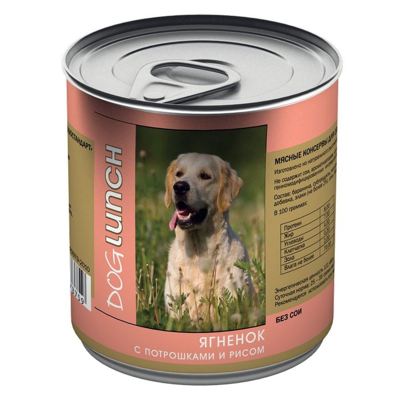 Dog Lunch влажный корм для собак с ЯГНЕНКОМ, ПОТРОШКАМИ и рисом в желе, в консервах - 750 г
