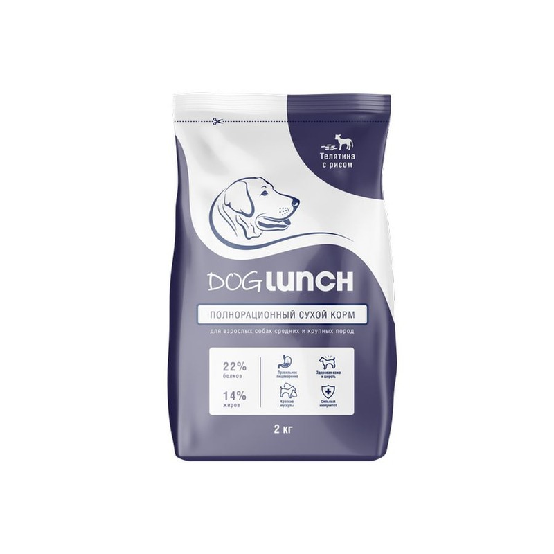 Dog Lunch сухой корм для собак средних и крупных пород с чувствительным пищеварением, полнорационный, с ТЕЛЯТИНОЙ и рисом - 2 кг