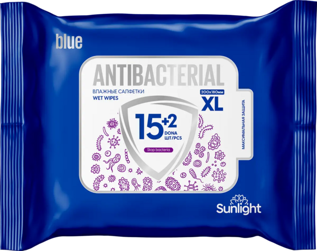 Салфетки Sunlight XL Antibacterial Blue влажные, 17 шт