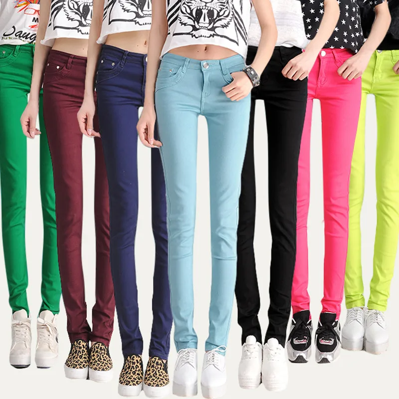 LPOWSS Women Korean Casual Stretch Jeans Plus Size Skinny Pencil Pants Candy Color Black White Mom Leggings Trousers | Женская одежда