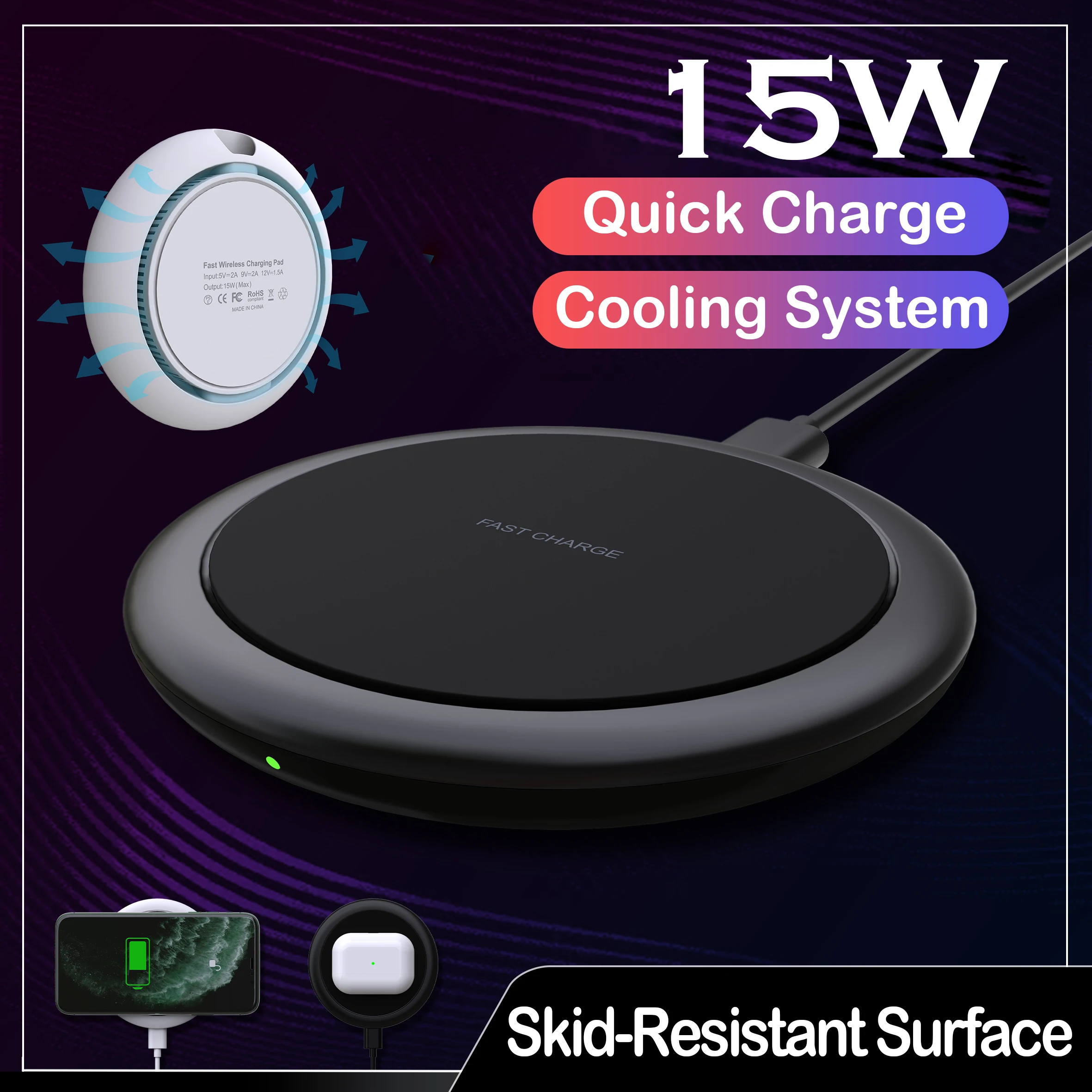 Беспроводное быстрое зарядное устройство QI 15 Вт USB-C QC 3 0 Мобильный телефон для iphone