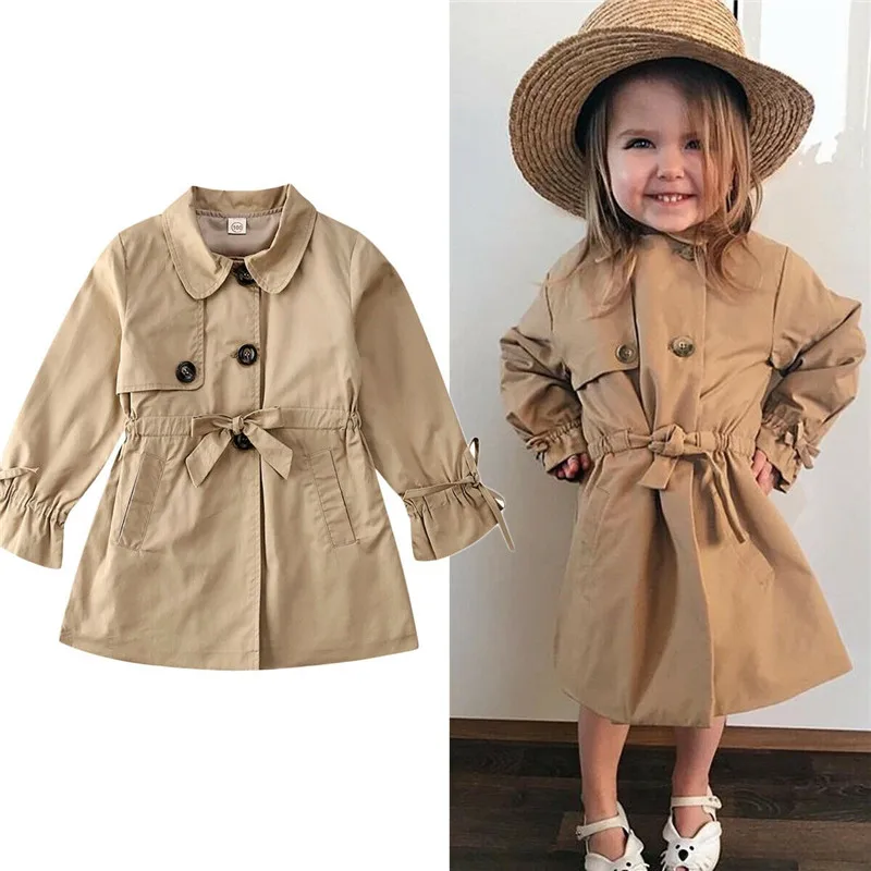 1-7T Kids Baby Girl Trench Coats Khaki Wind Coat Jackets For Girls Belted Overcoat Snowsuit Formal Outwear | Мать и ребенок