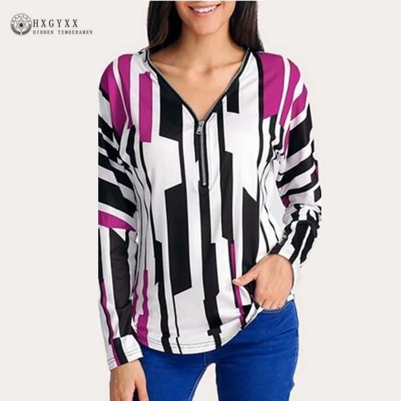 2020 Stripped T Shirt New Fashion Clothes Women Summer Tops Loose Plus Size V Neck Zipper Tshirt Harajuku Streetwear Okd825 | Женская