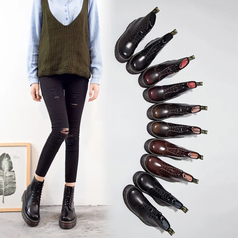 2019 Winter New Leather Lace Up Women'S Shoes Retro Ankle Boots Round Toe Ladies Fashion Black Martin | Обувь