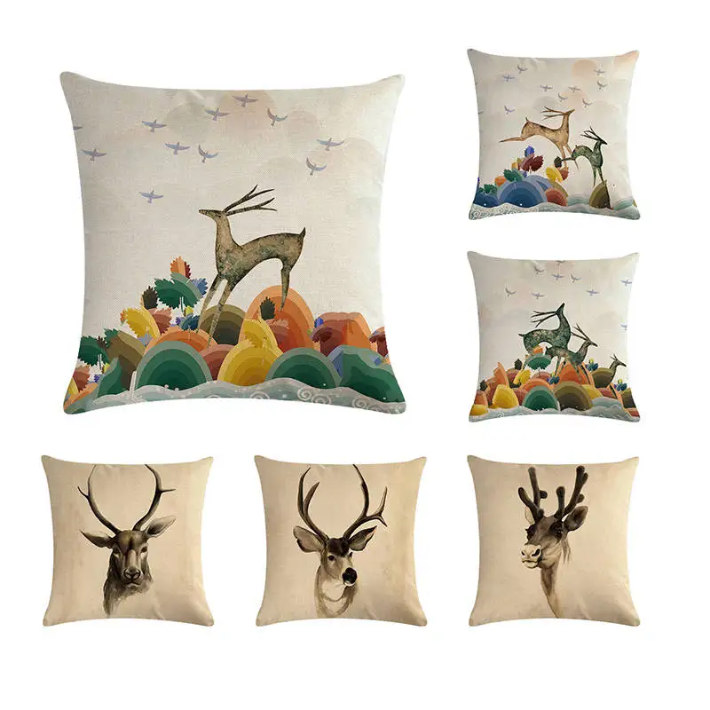 45*45cm Deer Christmas Cotton Linen antlers Pillow Cushion Cover Car Home Decor Bed Sofa Decorative Pillowcase funda cojin ZY236 | Дом и сад