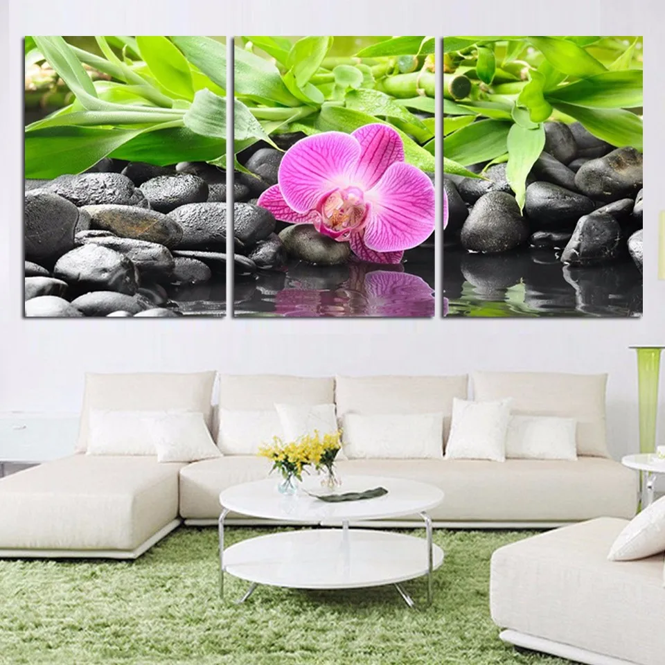 Home Decoration Posters Frame Living Room 3 Piece Flower And Black Stone Modern Painting On Canvas Wall Art Pictures HD Printed | Дом и сад