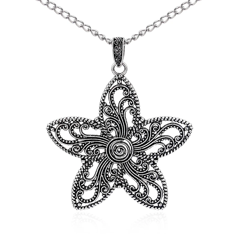 1pcs Large Largenlook Lacework Flower Star Pendant Long Metal Chain Sweater Necklace Collier Jewelry Bijoux | Украшения и