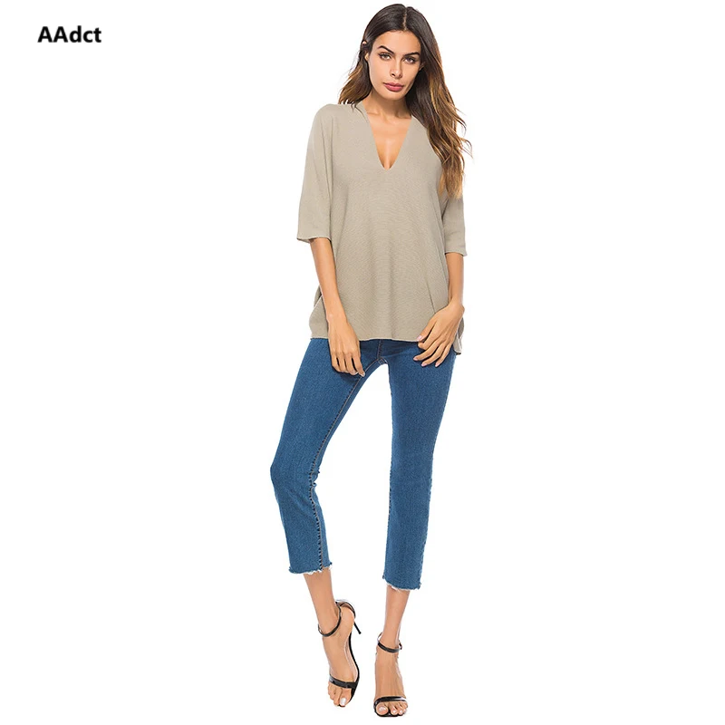AAdct 2018 Autumn New Women pullover jumper Sweater Loose mid-sleeve Knitting female sweaters Low V-neck women's light sweater | Женская