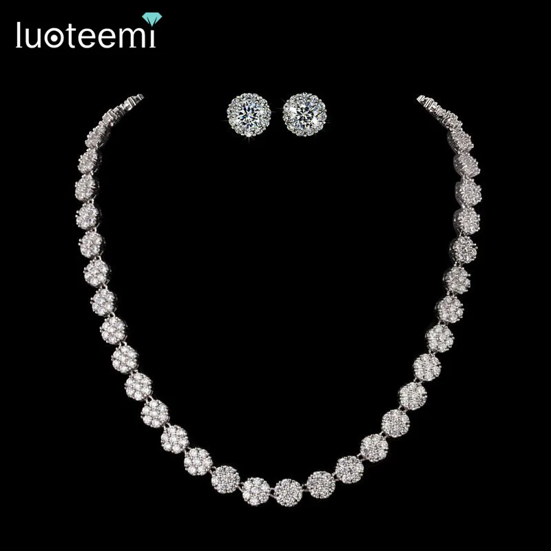 Серьги и ожерелье LUOTEEMI из белого золота с фианитом класса ААА + Свадебный