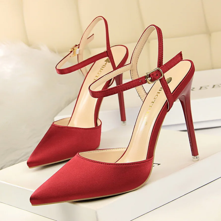 New Women Sandals Shoes Satin Shallow Buckle Strap Pionted Toe 10.5cm Thin High Heels Solid Sexy Lady Club Female Pumps | Обувь