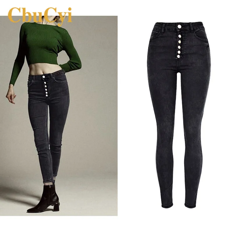 CBUCYI Women High Waist Pants Vintage Black Buttons Washed Stretch Jeans Ladies Casual Skinny Denim Womens Cotton Trousers | Женская