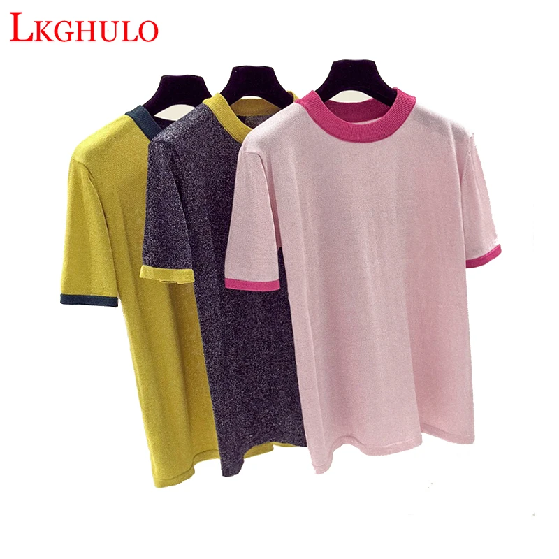New Simple Striped Tees Women Knitted O-Neck T-shirt Summer Kawaii Pink Ice silk Short Sleeve Tops Female A420 | Женская одежда