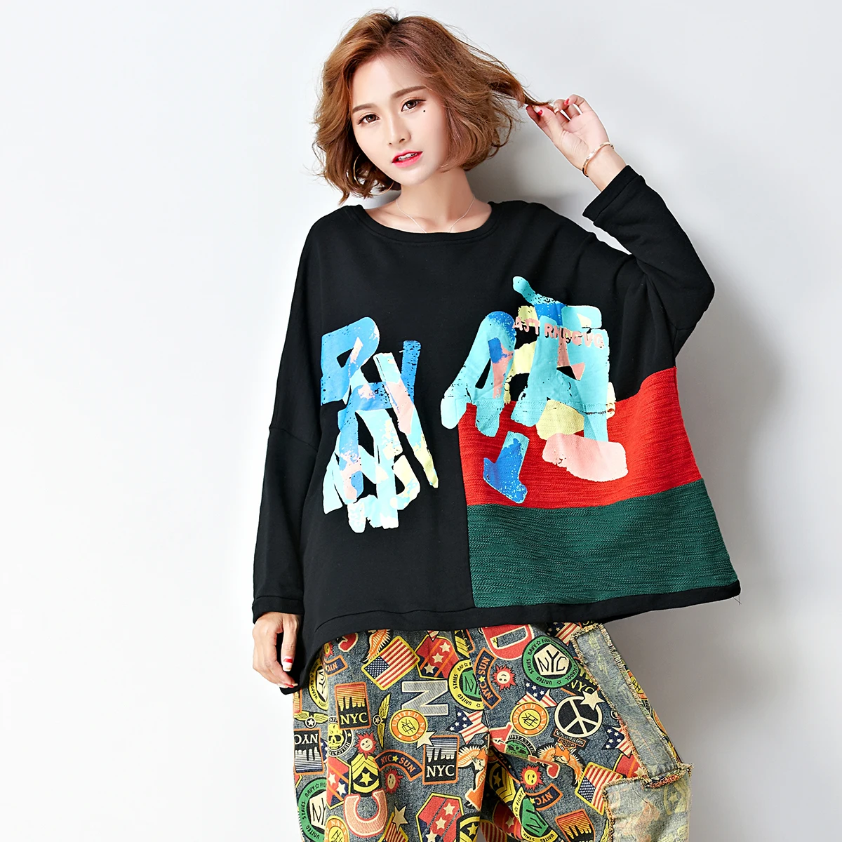 Nkandby Plus size Tops Autumn Women Loose Patchwork Batwing sleeve Oversized T-shirt Tees | Женская одежда