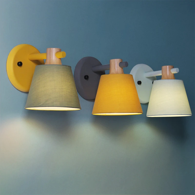 Светильник настенный Nordic Modern E27 LED Wood с основанием и абажуром из ярких тканей Macaron Colorful для домашнего искусства и декора.