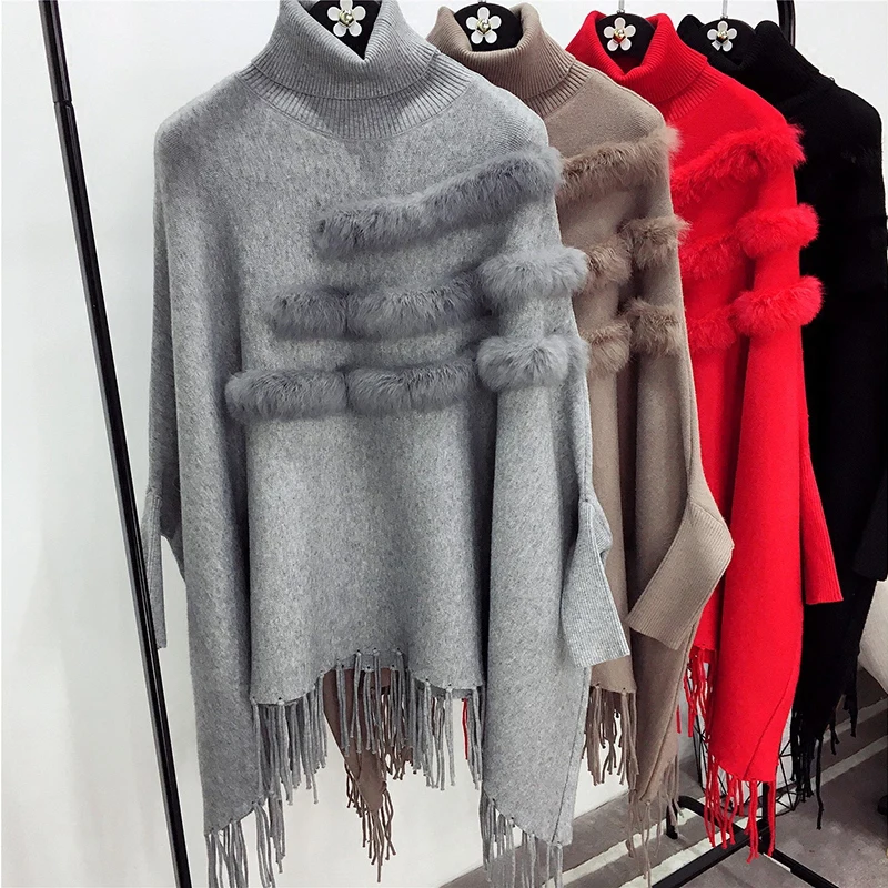 New Fashion Autumn And Winter Women High Collar Real Rabbit Fur Cloak Pullover Lady Bat Sleeves Tassel Poncho Sweater Knitwear | Женская