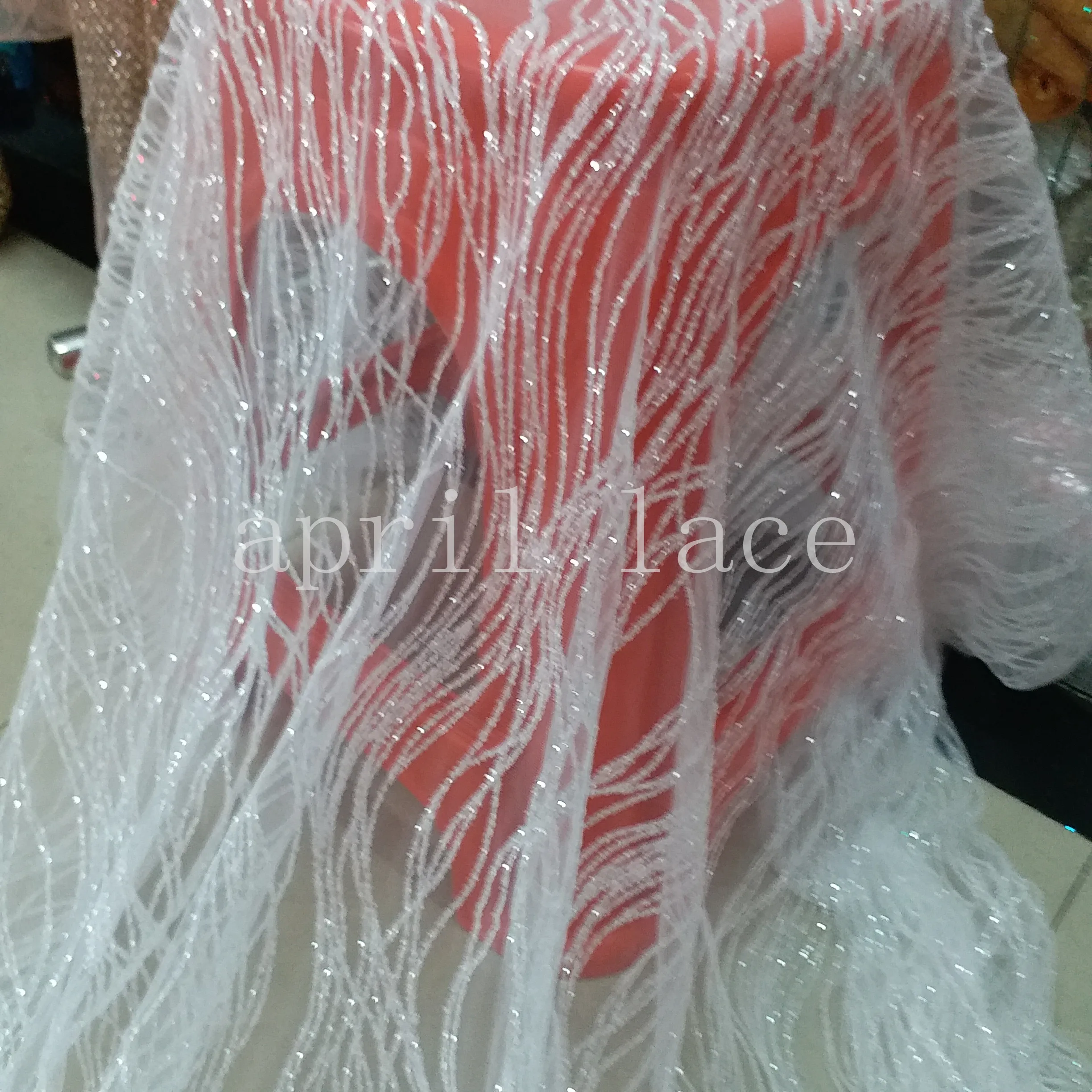 5yards HLL077 crystal white glitter glued hand print african india mesh fabric for wedding/evening dress fast shipping by dhl ! | Дом и сад