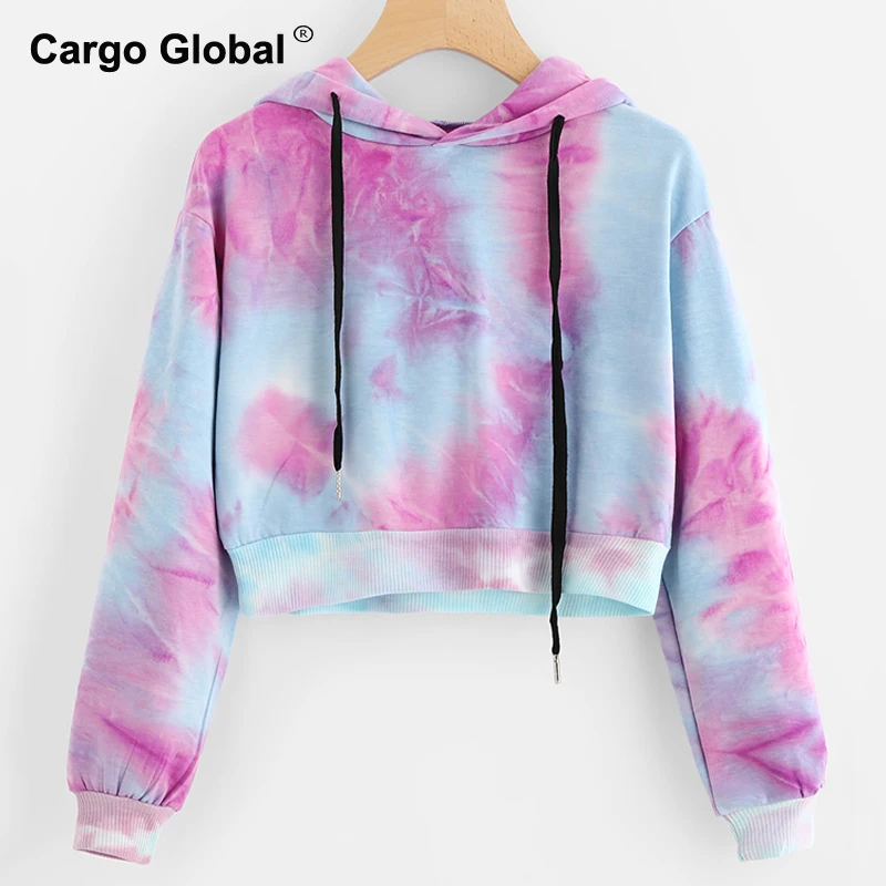 Autumn 2019 Women Tie-Dyeing Printing Top Lady Casual Hoody Sweatshirt Short T Shirt | Женская одежда