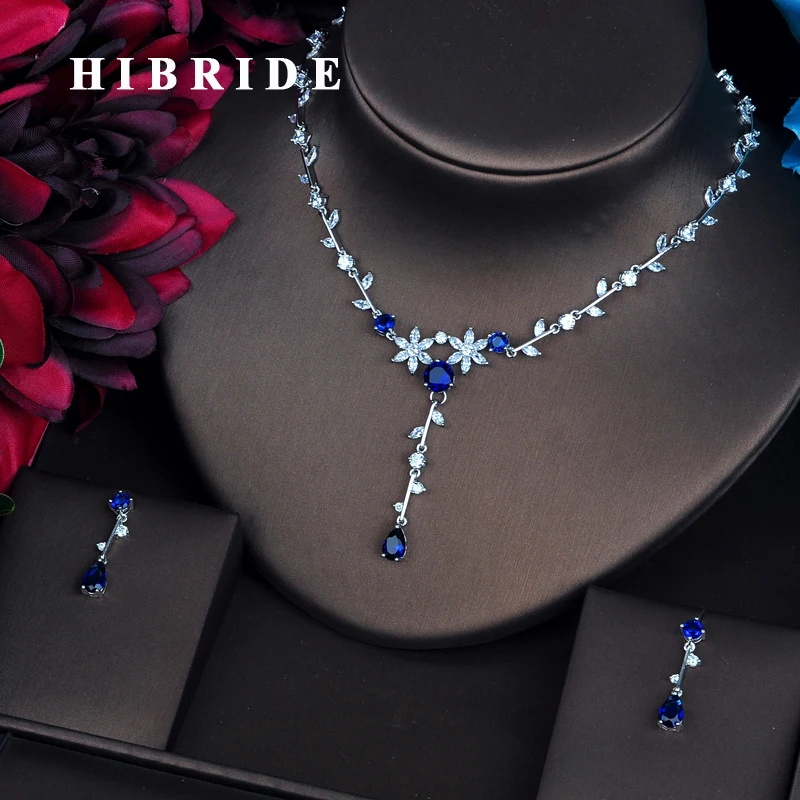 HIBRIDE красивый цветок синий фианит Ювелирные наборы для женщин серьги ожерелье