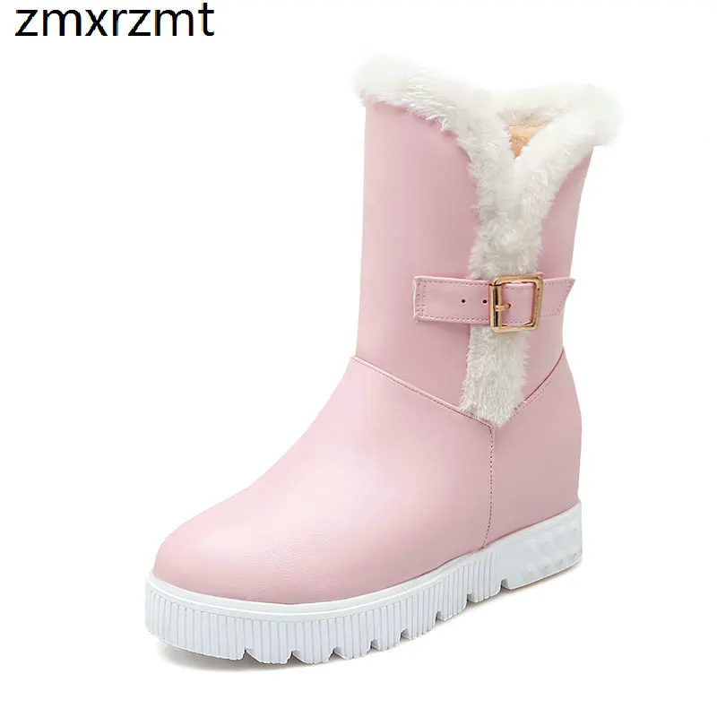 2019 women sexy ankle snow boots 3cm height lncreasing shoes to keep warmin winter party it`s black white and pink | Обувь