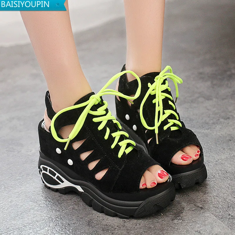 2019 The New Muffins with Thick Soles and Ultra-high Heels Fishmouth Openwork Lace-up Women's Shoes Platform Sandalias Mujer | Обувь