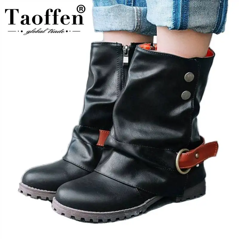TAOFFEN Size 33-43 Women Mid Calf Boots Flats Winter Shoes Ladies Short Buckle Botas Vintage Flock Footwear | Обувь