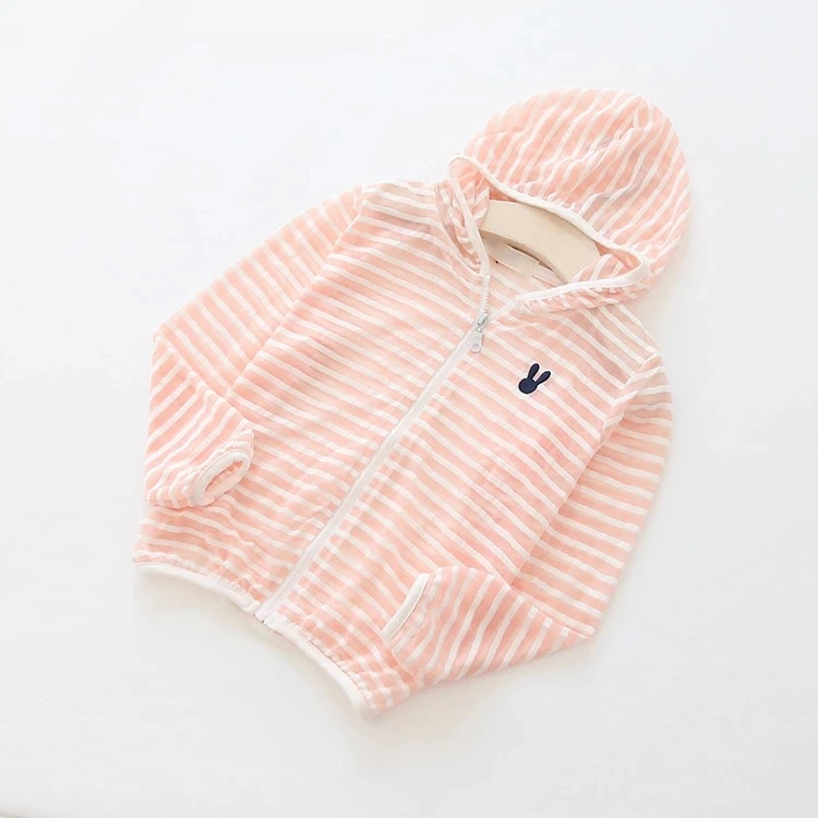 2019 Spring and summer children's clothing boys girls striped sun protection hooded zipper shirt embroid | Мать и ребенок