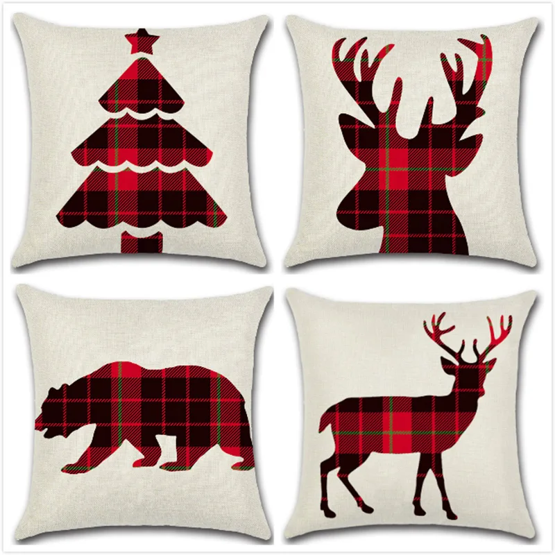 Christmas Cushion Cover Red Plaid Pillow Reindeer Elk Pillowcase 45*45cm Sofa Xmas Decoration For Home Car Fundas Cojines | Дом и сад
