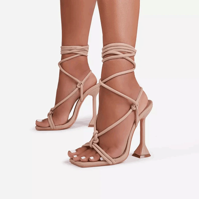 New high-heeled shoes sandals pink stiletto party fish mouth cross strap metal pendant catwalk women's shoes35-42 Large size | Обувь