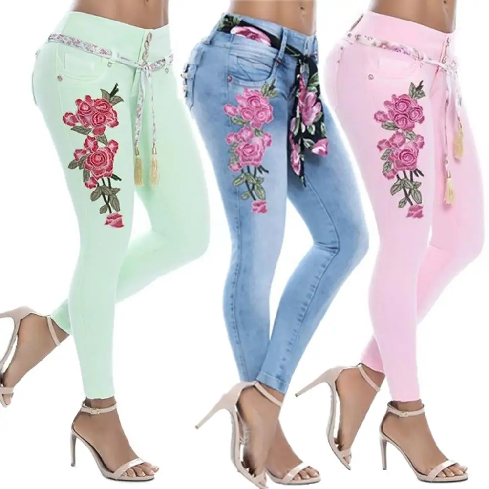 2020 lowest price Denim Long Pants Women Jeans Large size Sexy Floral Embroidery High Waist Skinny | Женская одежда