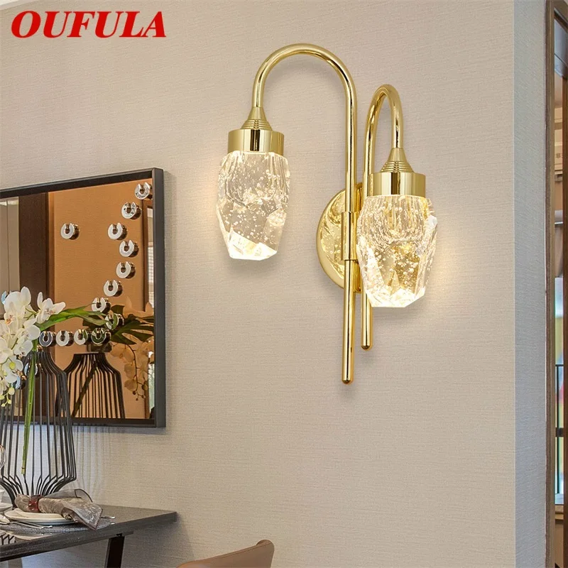 Современная настенная лампа OUFULA Crystal Sconce LED для внутреннего освещения, золотые элементы роскошной декорации для спальни, гостиной, офиса.