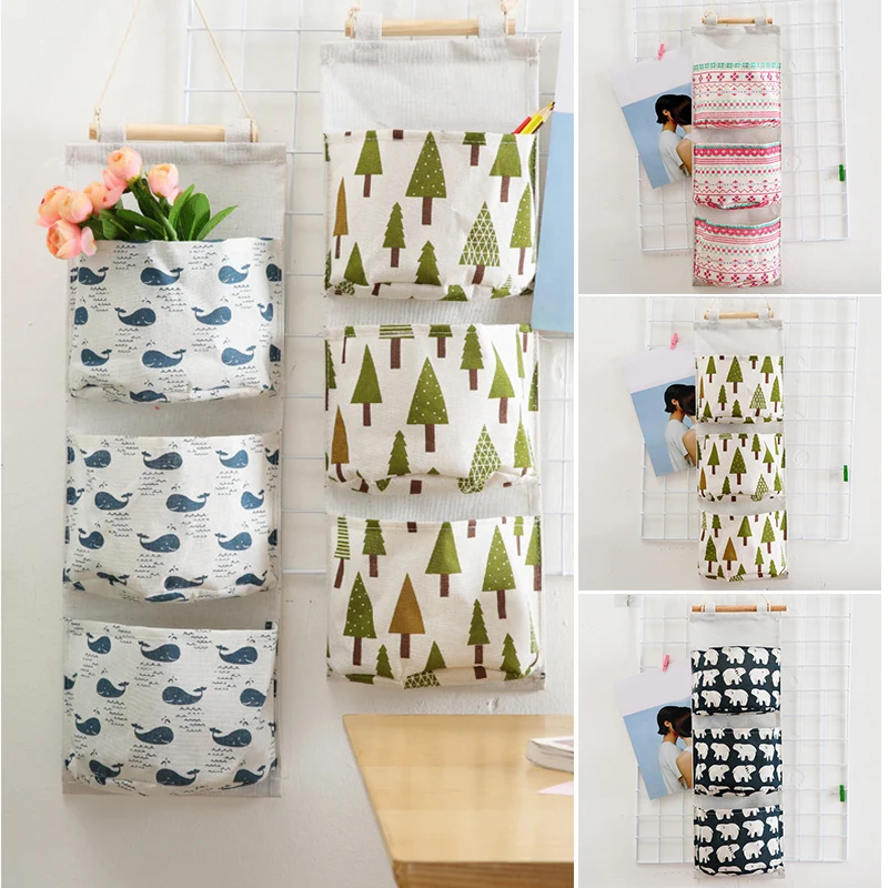 Wall Mounted Storage Bag with 3 Pockets Linen Fabric Waterproof Door Closet Hanging Organizer for Bedroom Bathroom | Дом и сад