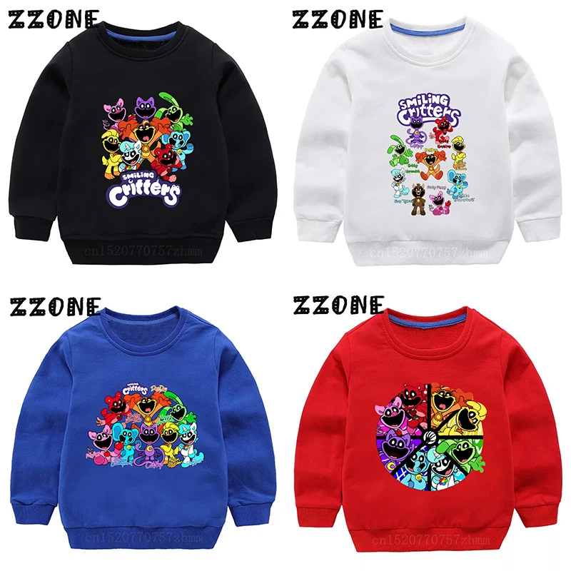 Smilling Critters Print Kids Sweatshirts Cartoon Children Hoodies Funny Autumn Baby Pullover Outwear Tops Girls Boys Clothes