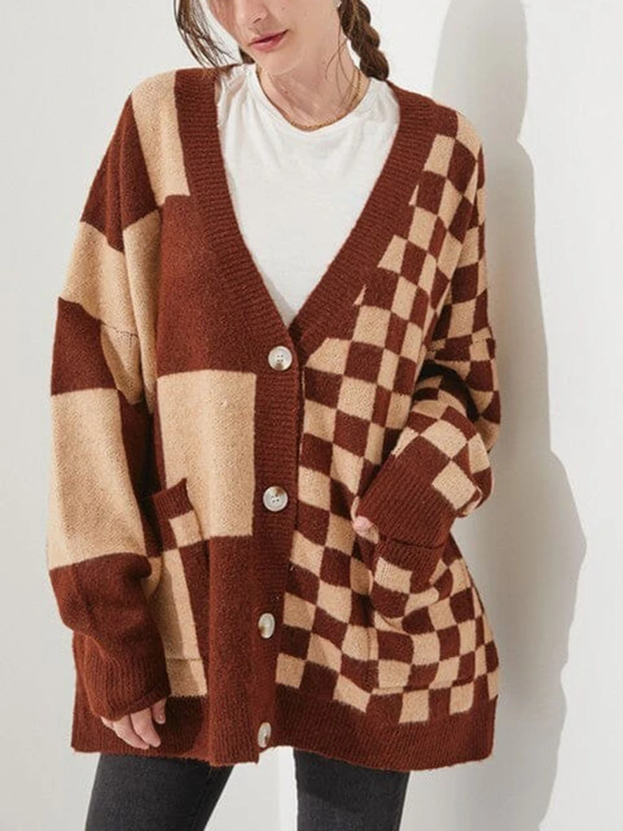 Women s Checkered Oversized Cardigan Loose Deep V Neck Long Sleeve Button Down Sweater with Pockets Vintage Streetwear
