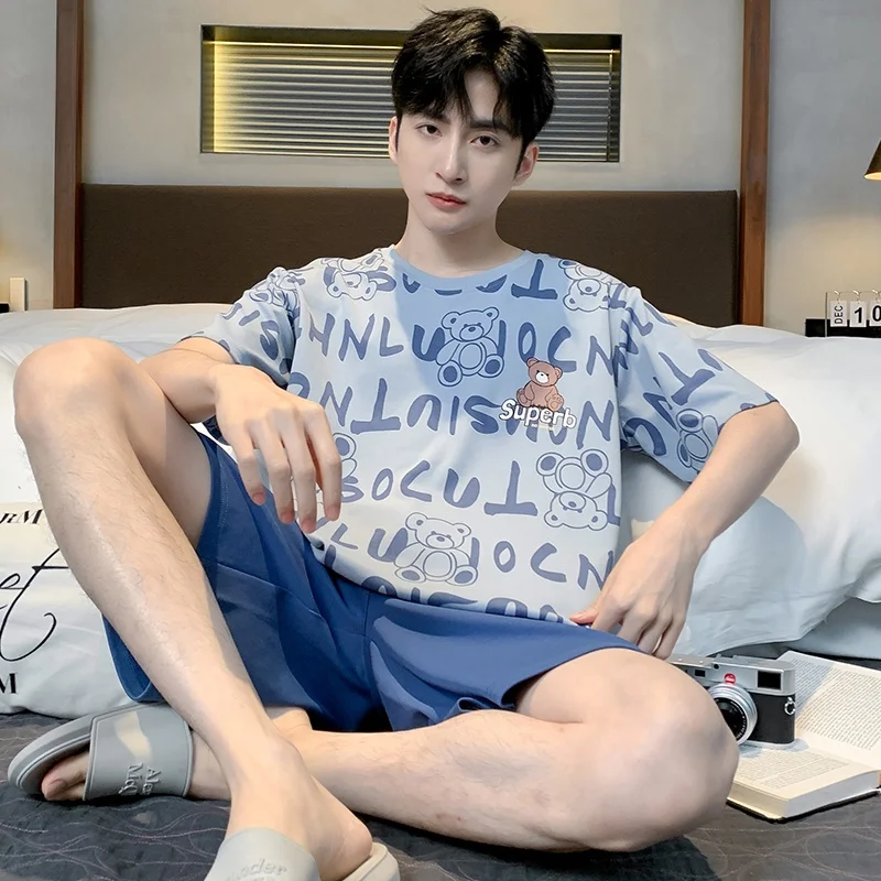  Men's Pajamas Summer Pure Cotton Short sleeve Teenagers High-Grade Thin Plus size Can Be Worn outside Homewear